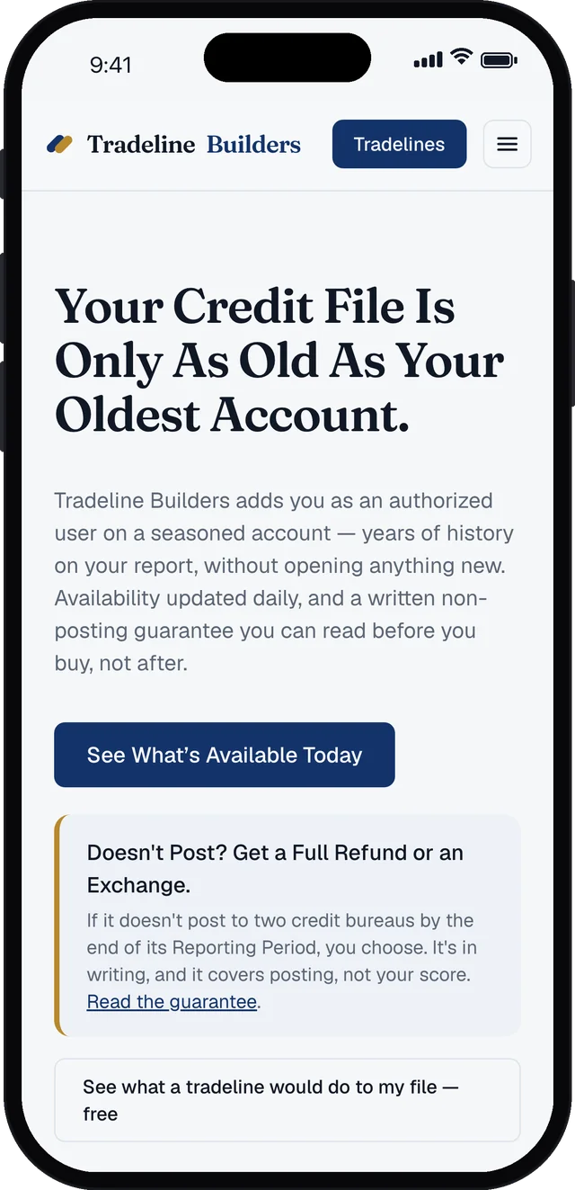 Tradeline Builders open on an iPhone home screen app
